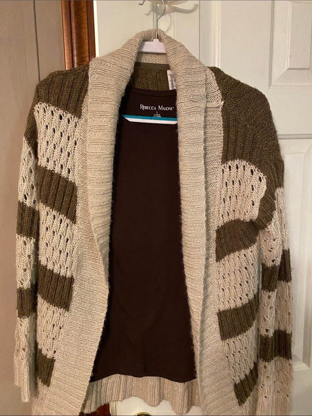Aeropostale Cream and Brown Green Striped Open Cardigan & brown top